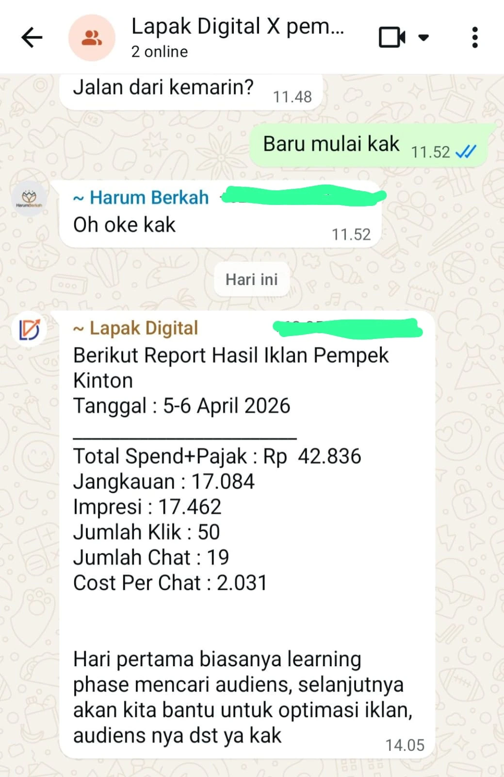 Screenshot WA Klien Pempek Kinton