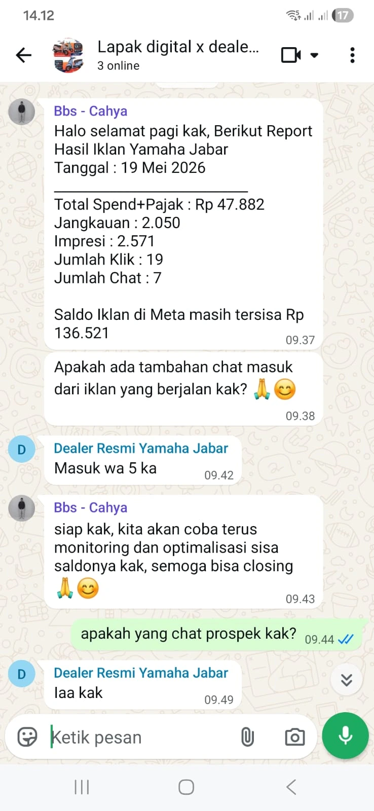 Screenshot WA Klien Dealer Resmi Yamaha